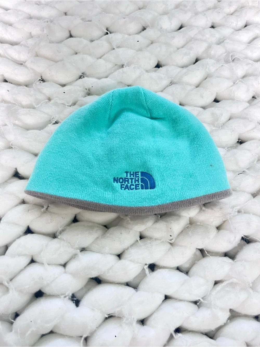Reversible The North Face Kids Aqua/Turquoise Beanie with Gray Trim